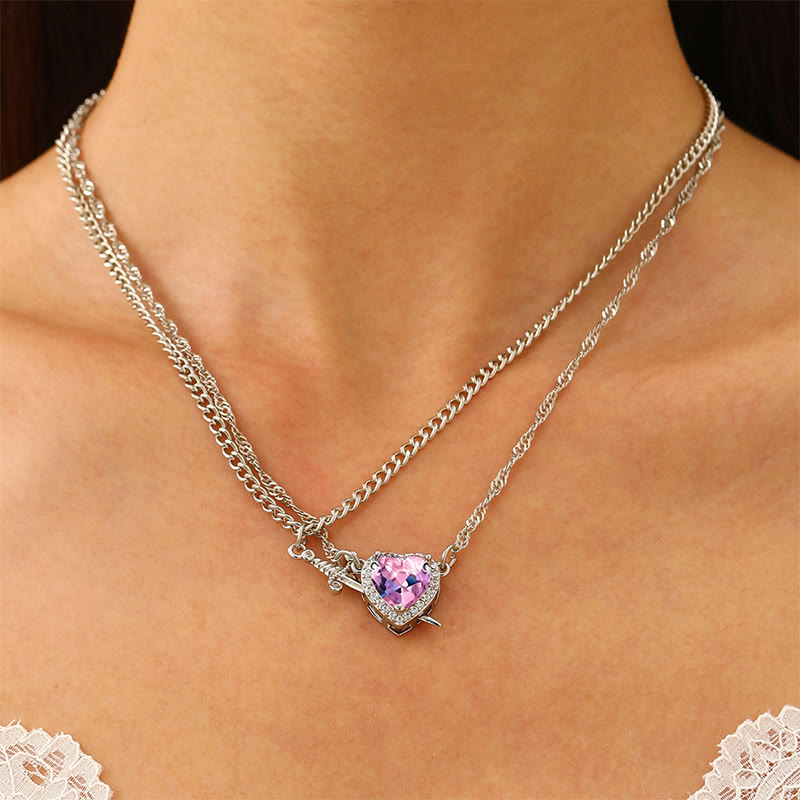 Heart & Sword Necklace - Pink-Silver - one size - image 3