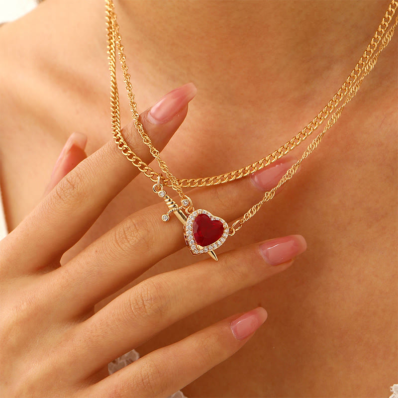 Heart & Sword Necklace - Red-Golden - one size - image 1