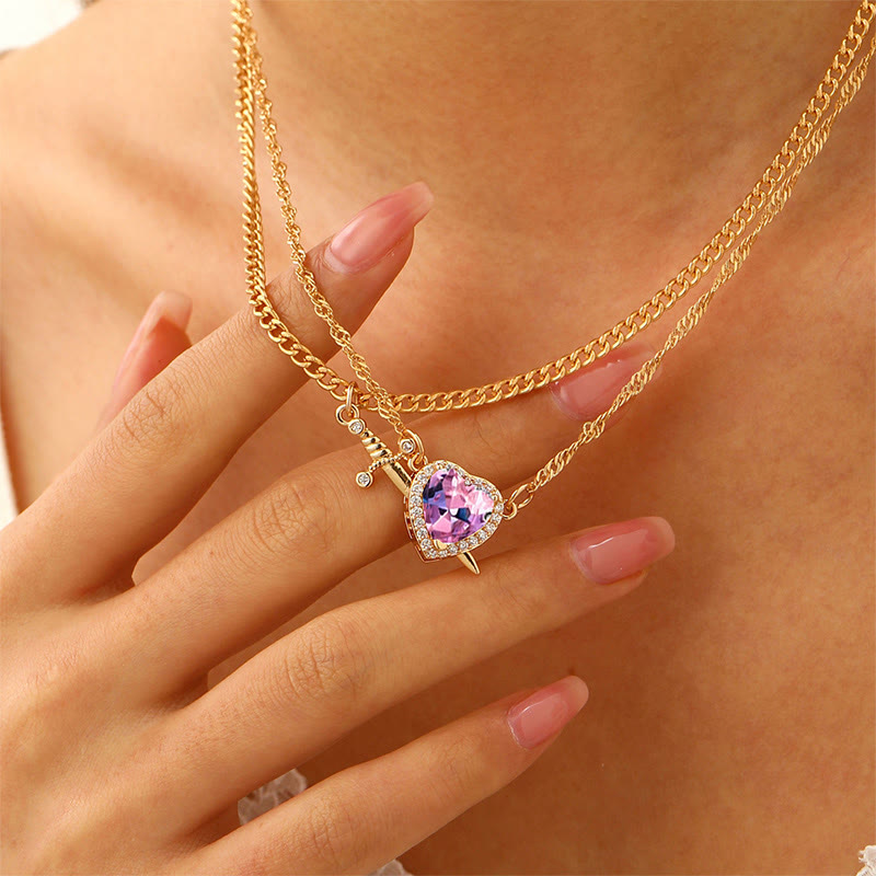 Heart & Sword Necklace - Pink-Golden - one size - image 2