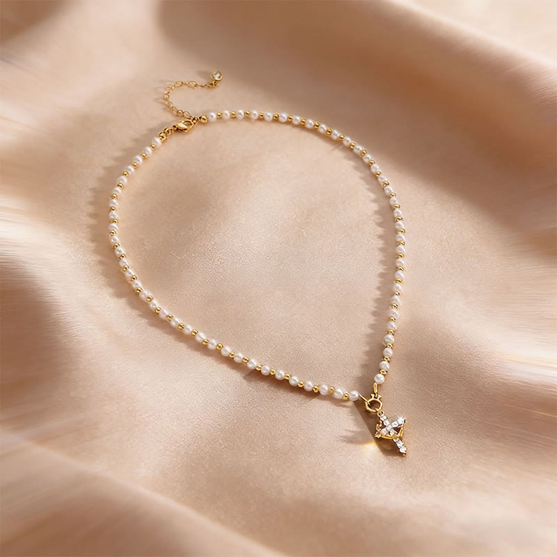 Rhinestone Cross Faux Pearl Necklace - Golden - one size - image 2