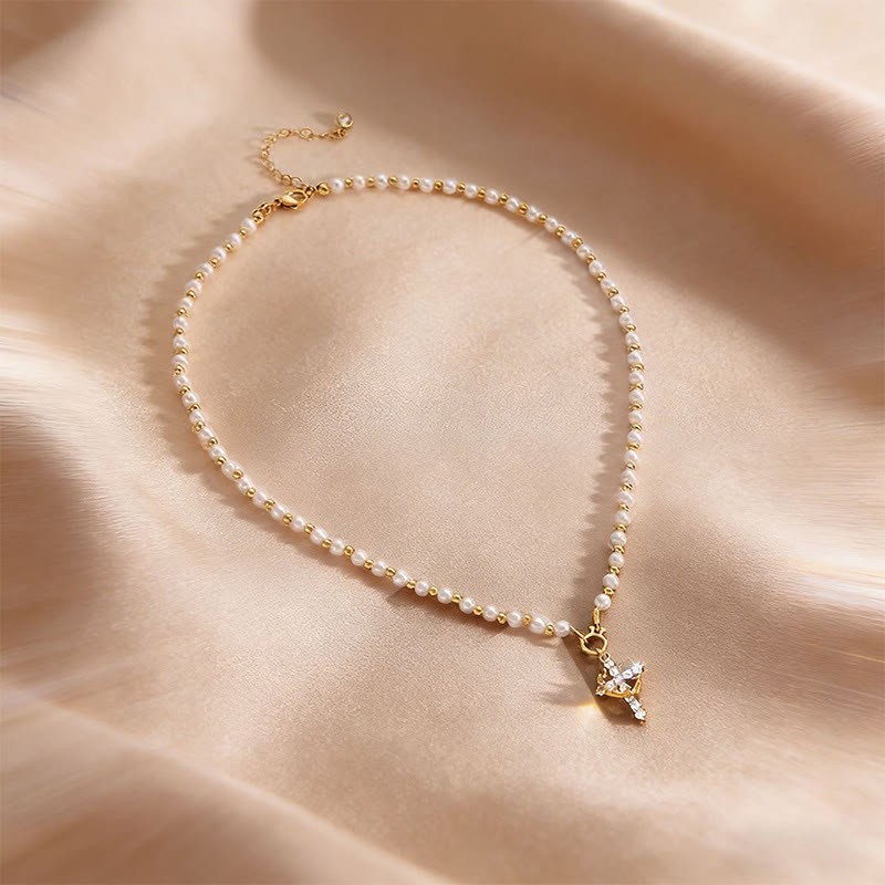 Rhinestone Cross Faux Pearl Necklace - Golden - one size - image 2