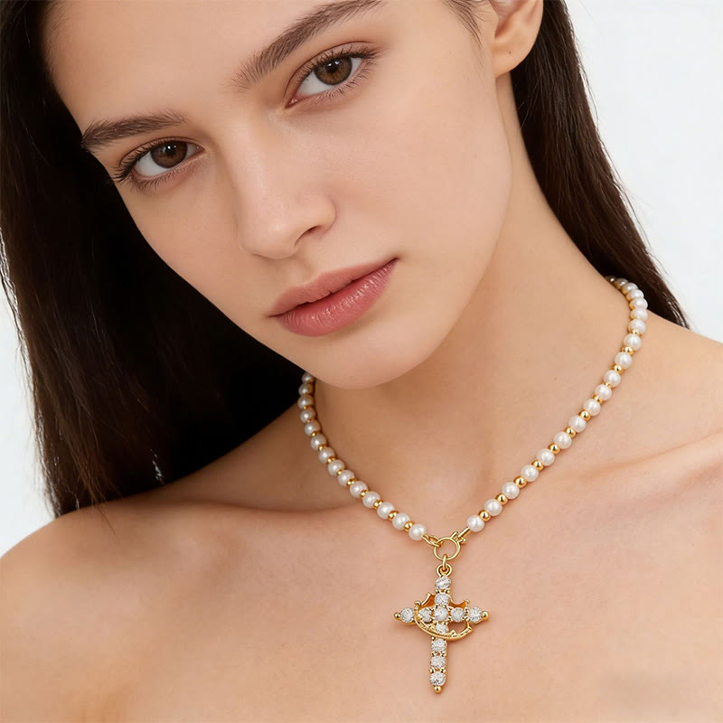 Rhinestone Cross Faux Pearl Necklace - image 1