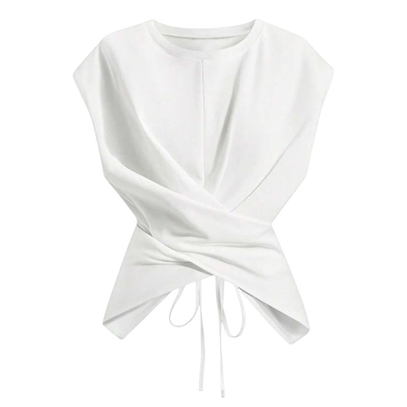 Solid Color Lace-up Sleeveless T-shirt - White - US24-26(3XL) - image 1