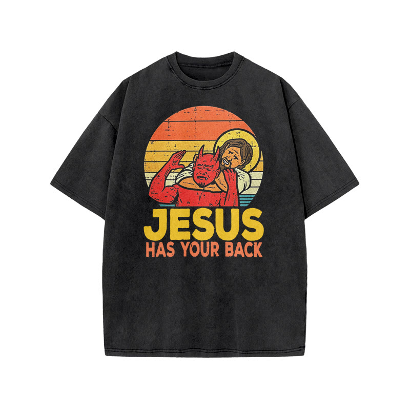 Jesus Chokeholding The Devil From Behind Print Acid Washed T-shirt - Black - US20-22(3XL) - image 1