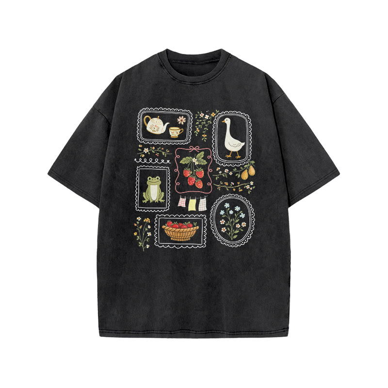Vintage Cottagecore Goose & Frog Print Acid Washed T-shirt - Black - US20-22(3XL) - image 2