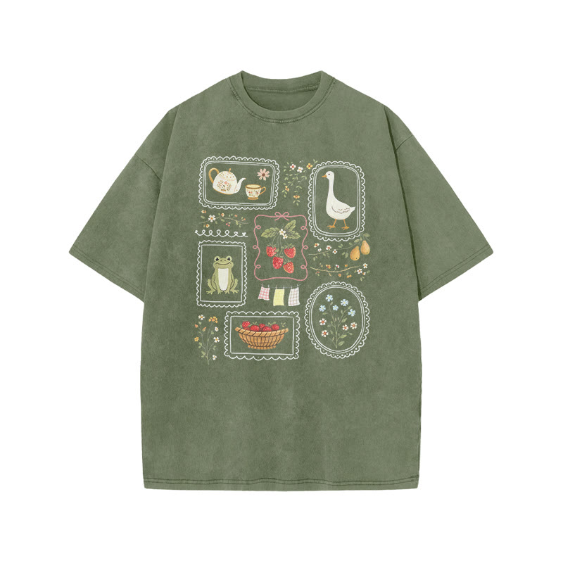 Vintage Cottagecore Goose & Frog Print Acid Washed T-shirt - Army Green - US20-22(3XL) - image 1