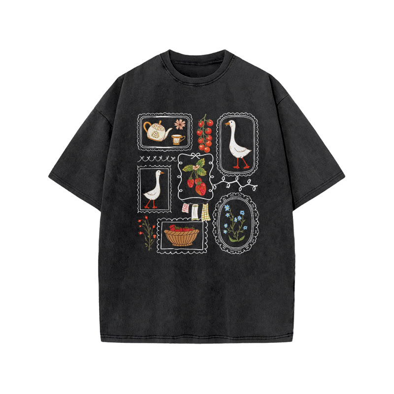 Vintage Cottagecore Goose & Strawberry Print Acid Washed T-shirt - Black - US20-22(3XL) - image 2
