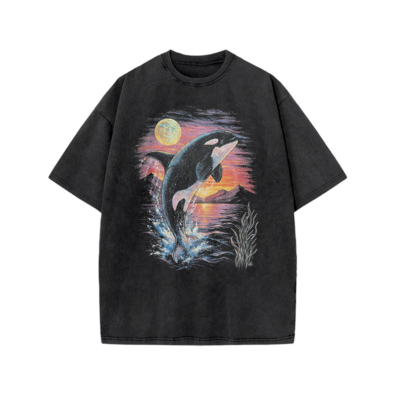 Orca Leaping Out Of The Water Print Acid Washed T-shirt - Black - US20-22(3XL) - image 2