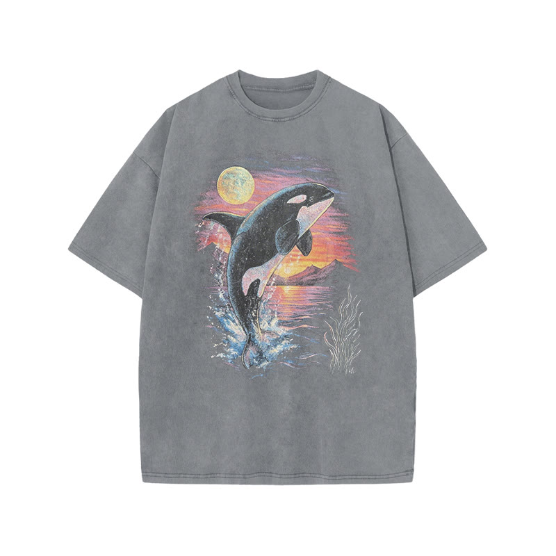 Orca Leaping Out Of The Water Print Acid Washed T-shirt - Grey - US20-22(3XL) - image 1