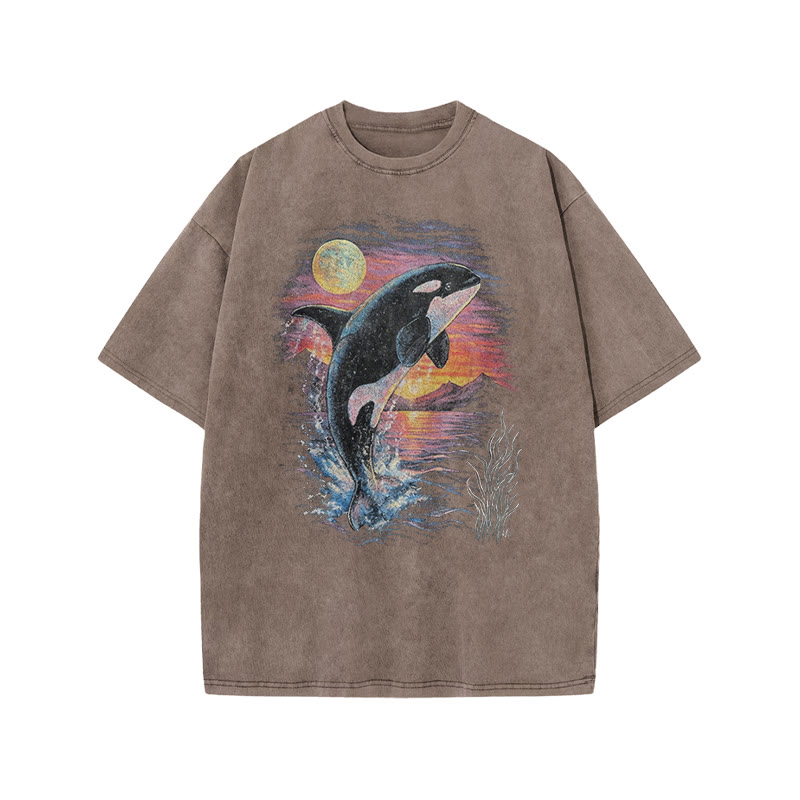 Orca Leaping Out Of The Water Print Acid Washed T-shirt - Coffee - US20-22(3XL) - image 5