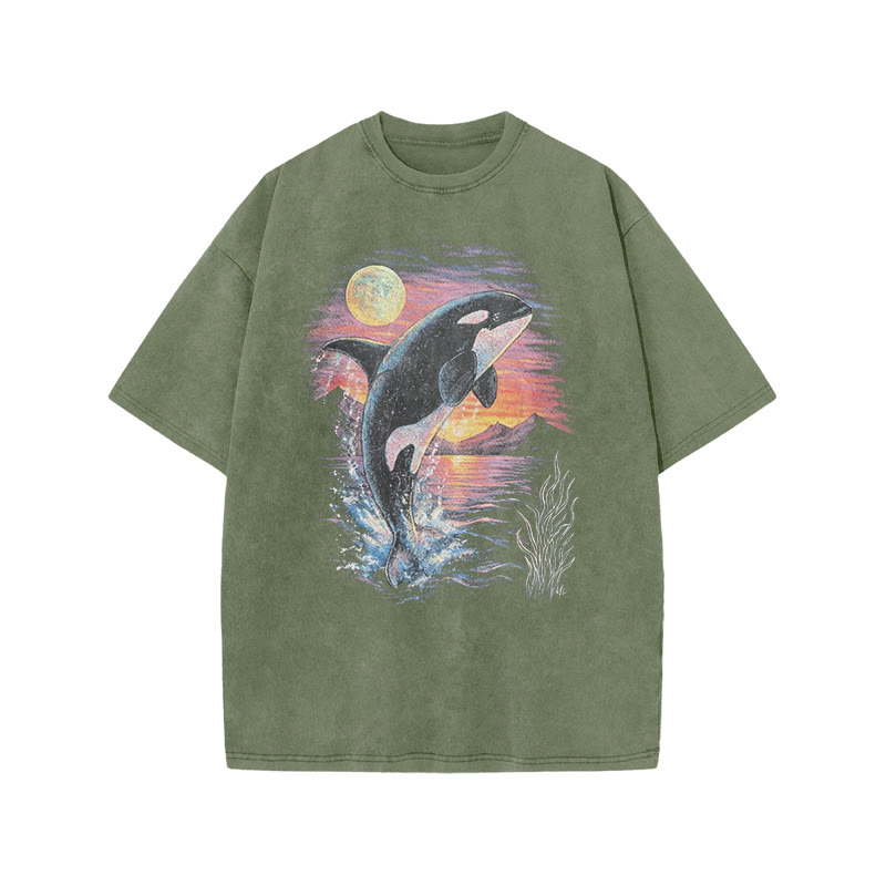 Orca Leaping Out Of The Water Print Acid Washed T-shirt - Army Green - US20-22(3XL) - image 4