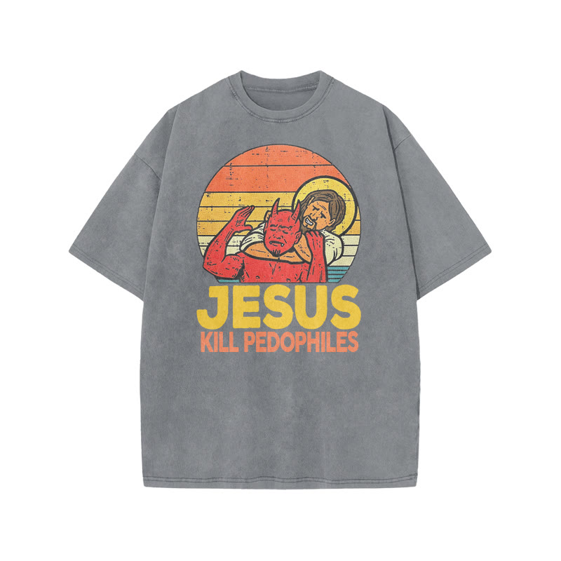 Jesus Kill Pedophiles Print Acid Washed T-shirt - Grey - US20-22(3XL) - image 4