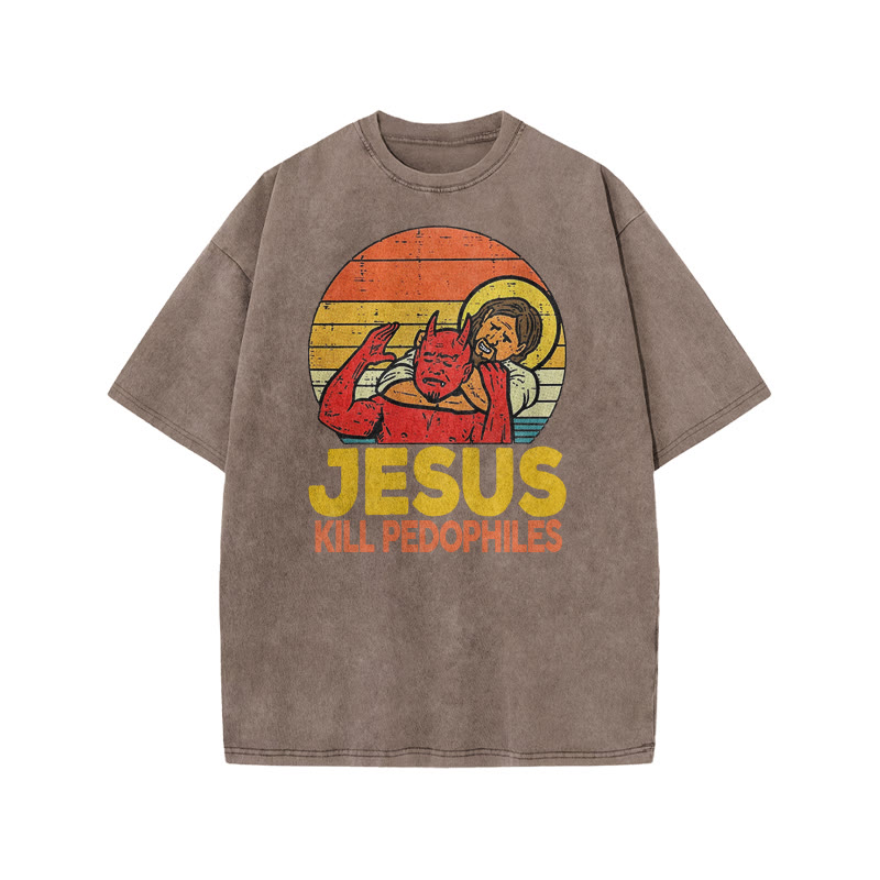 Jesus Kill Pedophiles Print Acid Washed T-shirt - Coffee - US20-22(3XL) - image 3