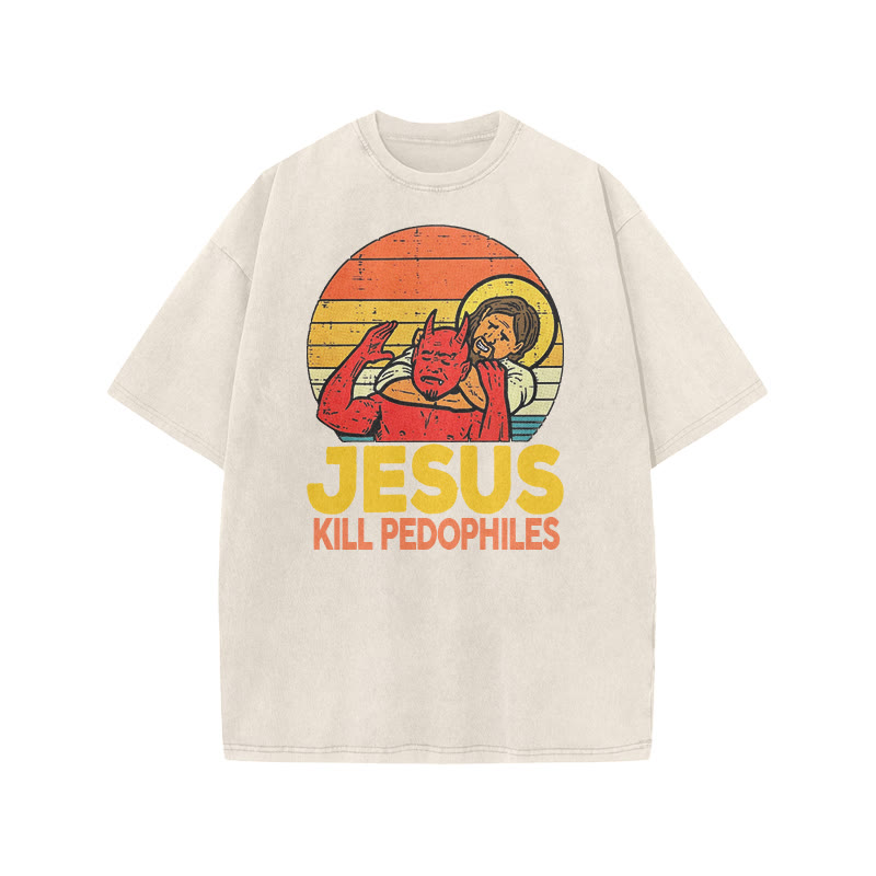 Jesus Kill Pedophiles Print Acid Washed T-shirt - Beige - US20-22(3XL) - image 2
