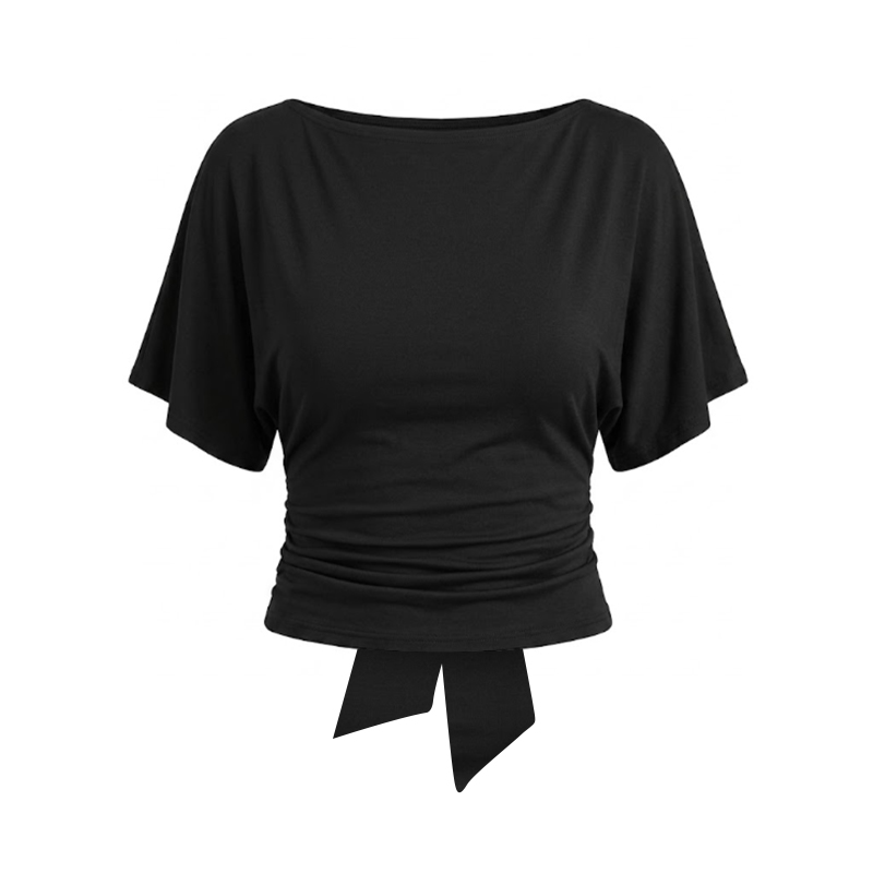 Solid Color Tie Waist Slim Fit T-shirt - Black - US20-22(2XL) - image 2
