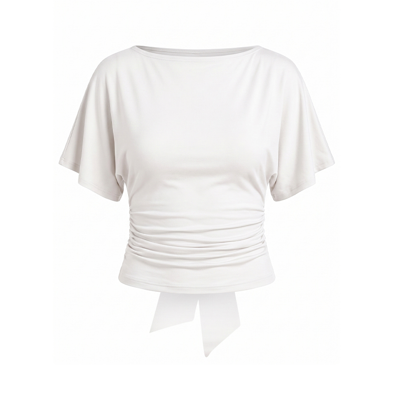 Solid Color Tie Waist Slim Fit T-shirt - White - US20-22(2XL) - image 1