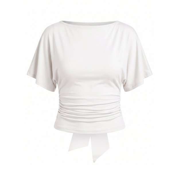 Solid Color Tie Waist Slim Fit T-shirt - White - US20-22(2XL) - image 1