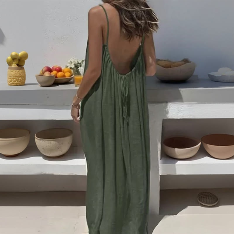 Loose Solid Color Adjustable Tie Strap Vacation Dress - Army Green - 5XL - image 6