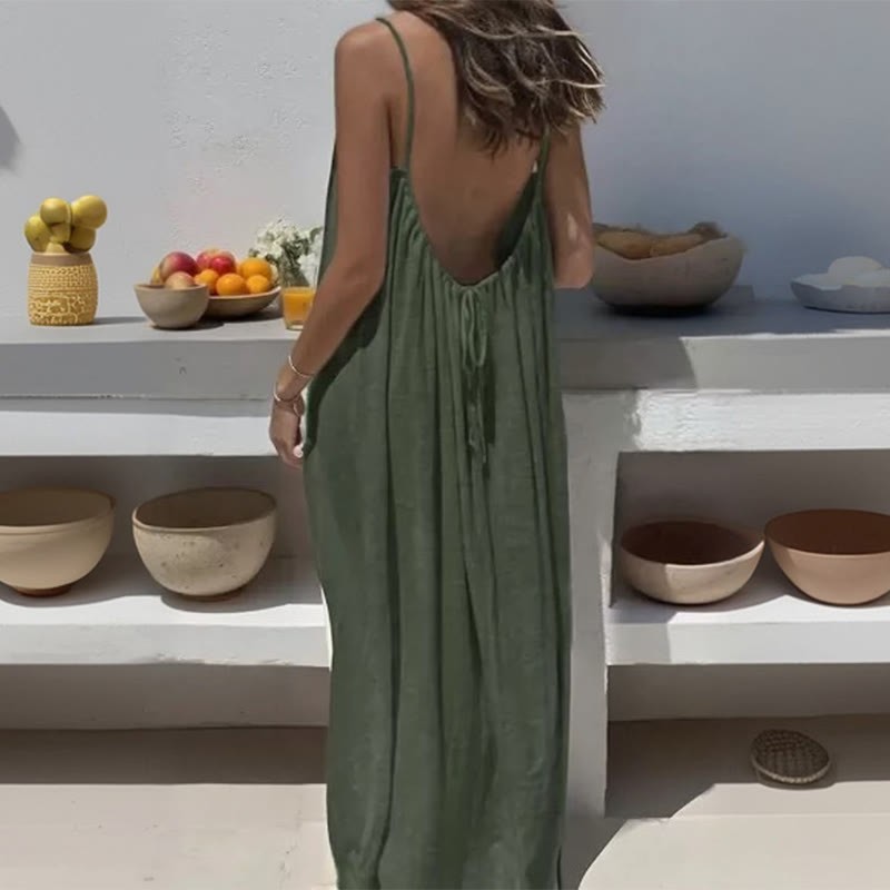 Loose Solid Color Adjustable Tie Strap Vacation Dress - Army Green - 5XL - image 6