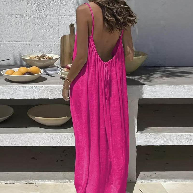 Loose Solid Color Adjustable Tie Strap Vacation Dress - Rose - 5XL - image 2