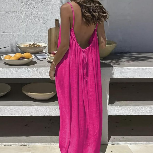 Loose Solid Color Adjustable Tie Strap Vacation Dress - Rose - 5XL - image 2