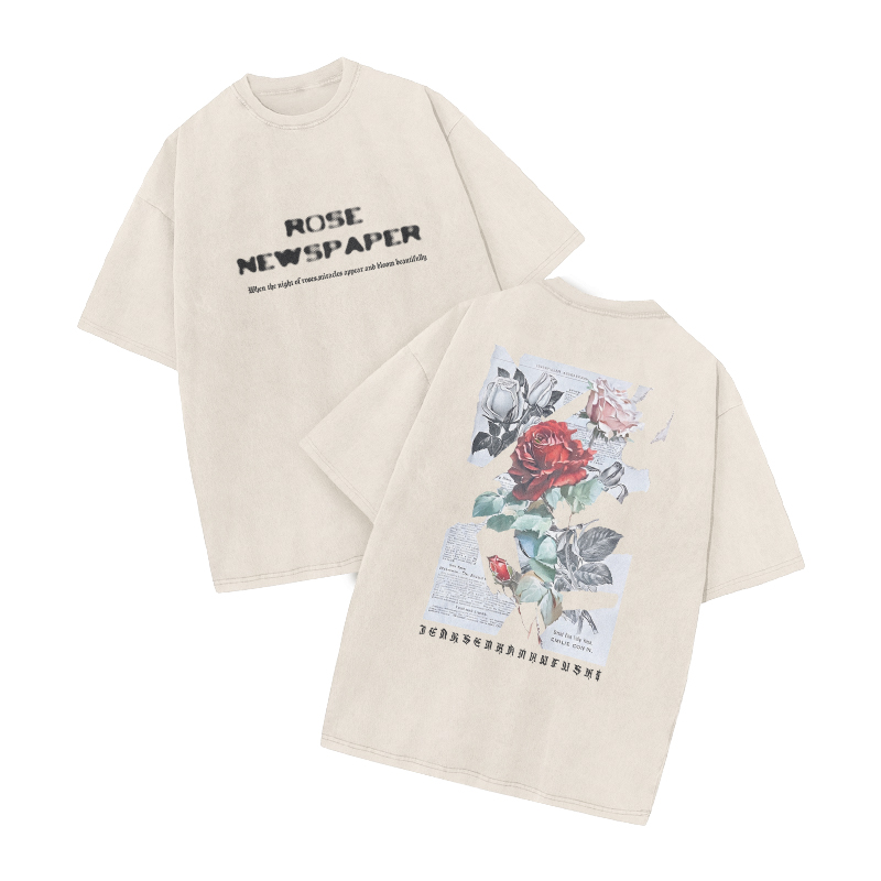 Rose Newspaper Print Acid Washed T-shirt - Beige - US20-22(3XL) - image 2