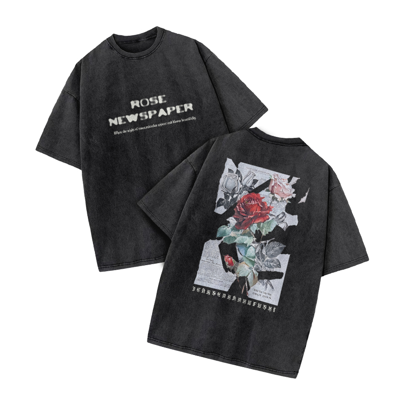 Rose Newspaper Print Acid Washed T-shirt - Black - US20-22(3XL) - image 1
