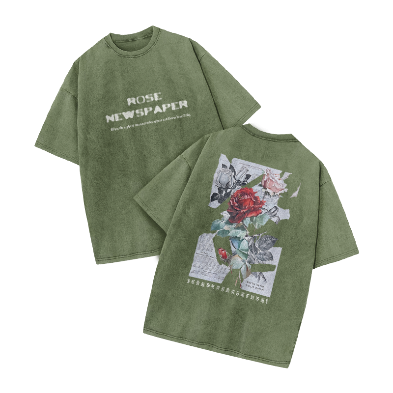 Rose Newspaper Print Acid Washed T-shirt - Army Green - US20-22(3XL) - image 5