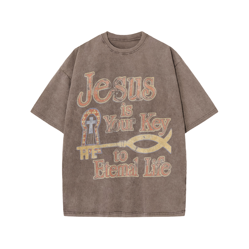 Jesus Is Your Key To Eternal Life Print Acid Washed T-shirt - Coffee - US20-22(3XL) - image 3