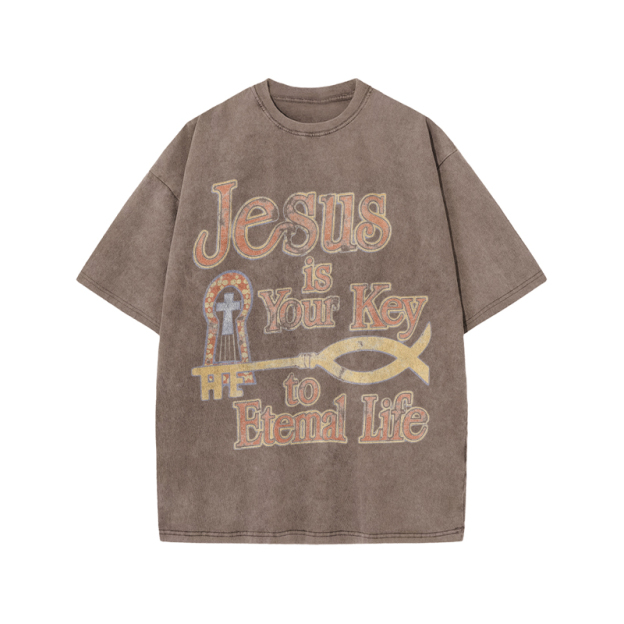 Jesus Is Your Key To Eternal Life Print Acid Washed T-shirt - Coffee - US20-22(3XL) - image 3