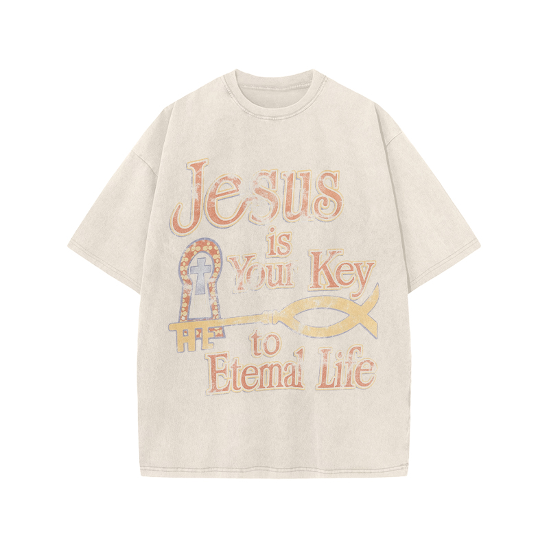 Jesus Is Your Key To Eternal Life Print Acid Washed T-shirt - Beige - US20-22(3XL) - image 1
