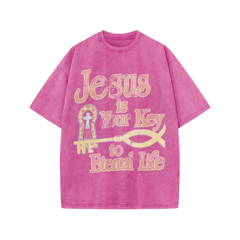Jesus Is Your Key To Eternal Life Print Acid Washed T-shirt - Pink - US20-22(3XL) - image 7