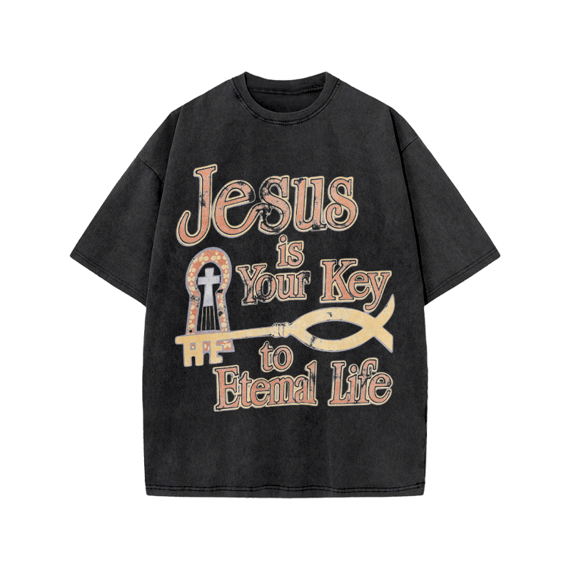 Jesus Is Your Key To Eternal Life Print Acid Washed T-shirt - Black - US20-22(3XL) - image 2