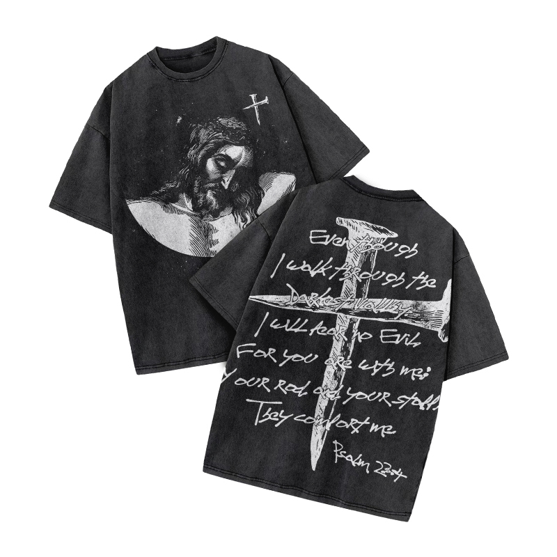Psalm 23:4 Print Acid Washed T-shirt - Black - US20-22(3XL) - image 1