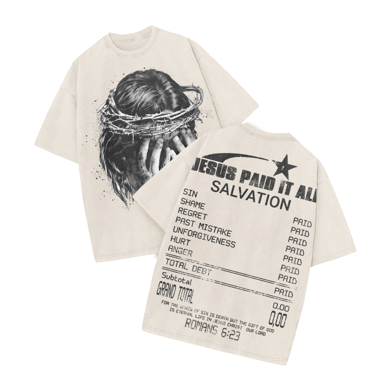 Jesus Paid It All Star Print Acid Washed T-shirt - Beige - US20-22(3XL) - image 2