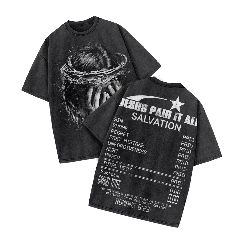 Jesus Paid It All Star Print Acid Washed T-shirt - Black - US20-22(3XL) - image 1