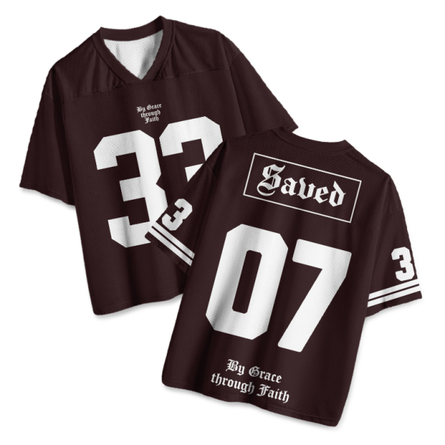 Saved By Grace Through Faith Print Mesh Jersey - Coffee - 4XL - image 1