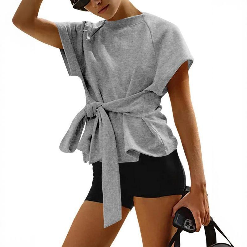 Solid Color Loose Tie-waist Slim-fit Short Sleeve T-shirt - Grey - US16-18(XL) - image 1