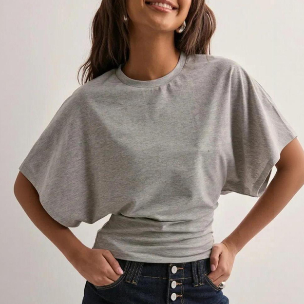 Solid Color Crew Neck Short Sleeve Waist Cinched T-shirt - Light Gray - 3XL - image 3