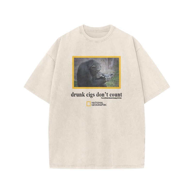 Drunk Cigs Don't Count Print Acid Washed T-shirt - Beige - US20-22(3XL) - image 2