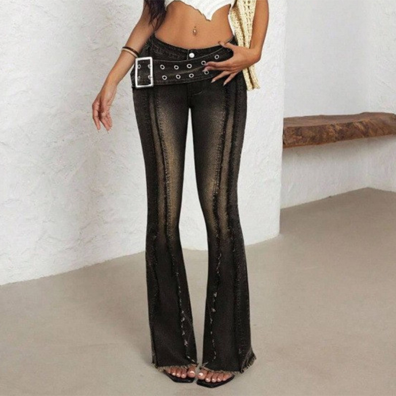 Stretchy Raw Edge Wide Waistband Jeans  - Black - 2XL - image 1