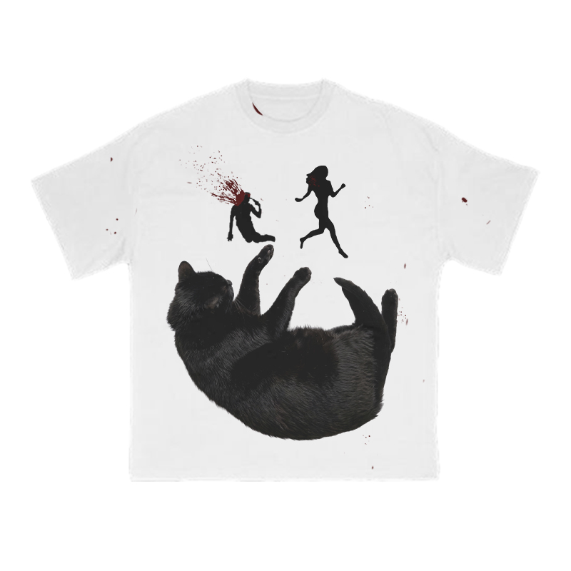 “Run Away”Girl And Cat Graphic Print T-shirt - White - 8XL - image 1