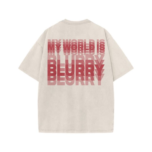 My World Is Blurry Print Acid Washed T-shirt - Beige - US20-22(3XL) - image 2