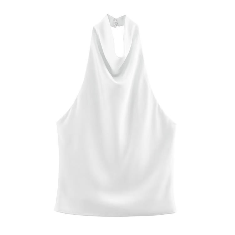 Solid Color Shiny Halter Off-shoulder Vest - White - US12(L) - image 3