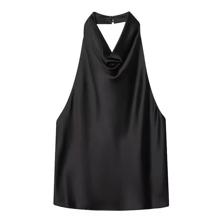 Solid Color Shiny Halter Off-shoulder Vest - Black - US12(L) - image 1