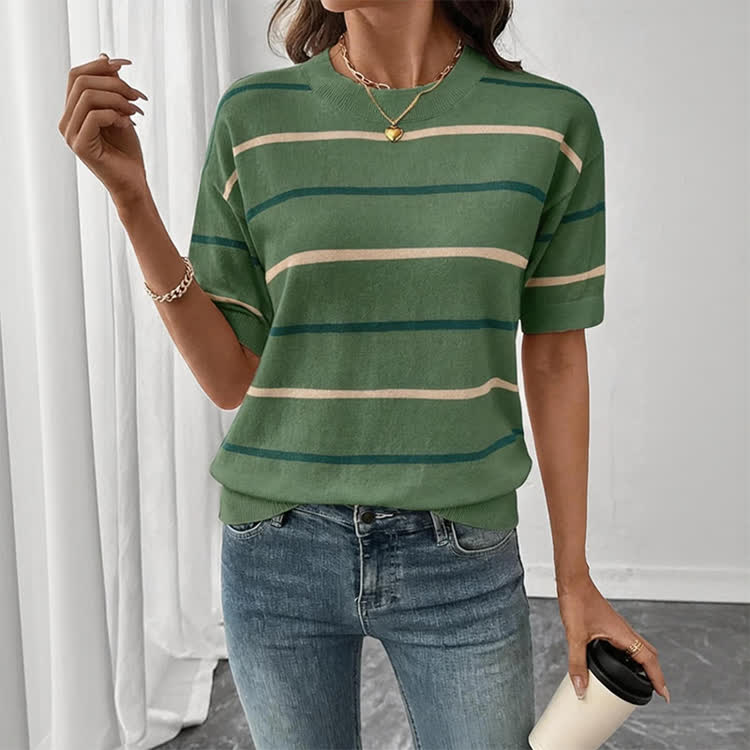 Casual Striped Crew Neck Knit T-shirt - Green - US16-18(2XL) - image 2