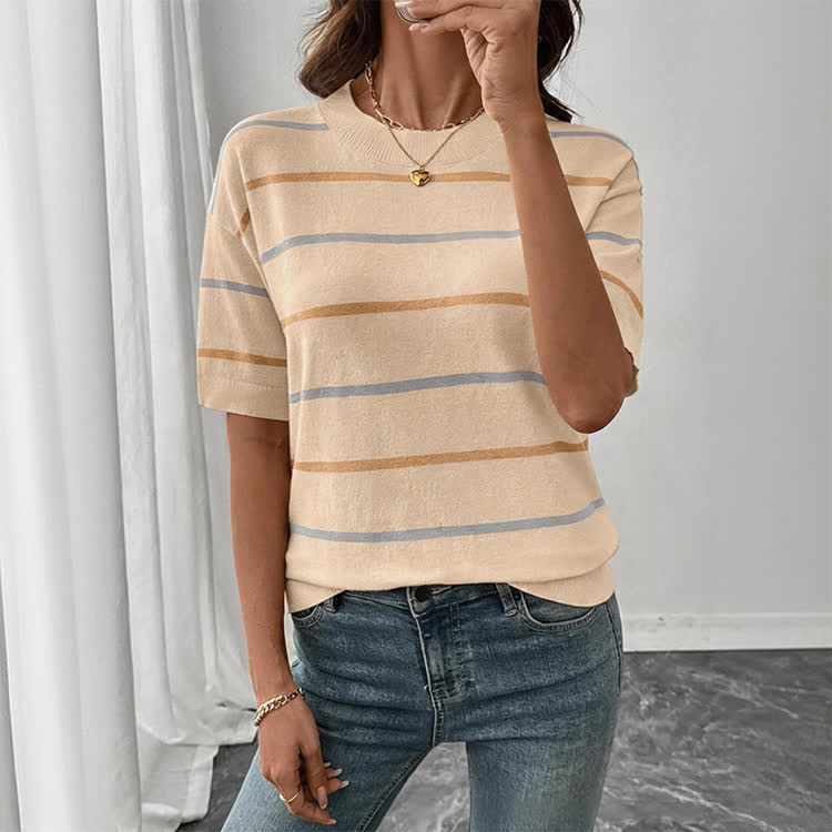 Casual Striped Crew Neck Knit T-shirt - Apricot - US16-18(2XL) - image 1