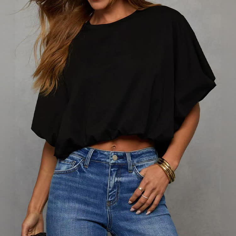 Solid Color Crew Neck Bubble Sleeve Casual T-shirt - Black - US16-18(2XL) - image 2