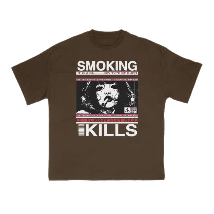Smoking Kills Retro Manga Style Graphic Print T-Shirt - Coffee - US16-18(2XL) - image 3