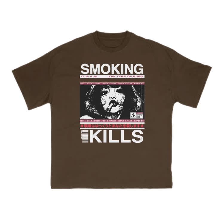 Smoking Kills Retro Manga Style Graphic Print T-Shirt - Coffee - US16-18(2XL) - image 3